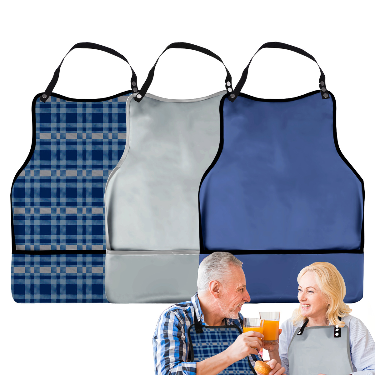 Snap-Button Floral Adult Bib with Pocket (9 Colorways)